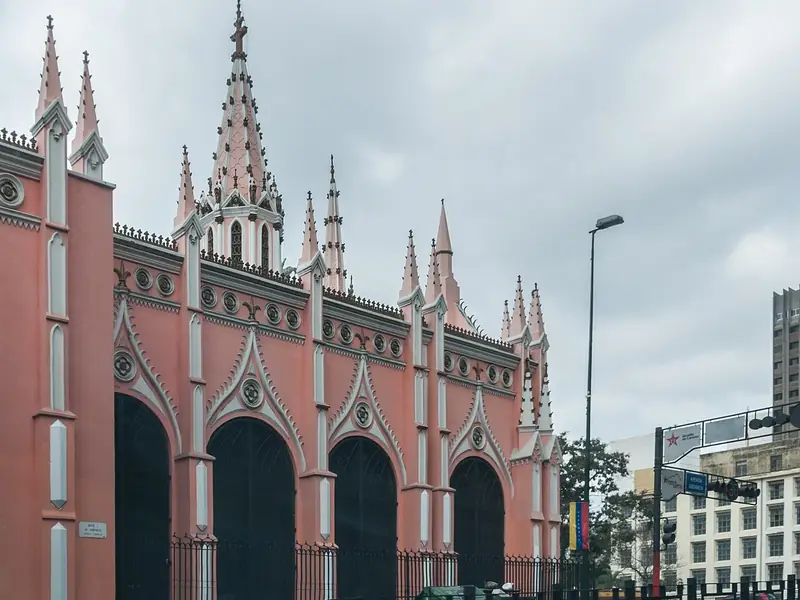 Pink Neo-Gothic facade of the Santa Capilla in Caracas