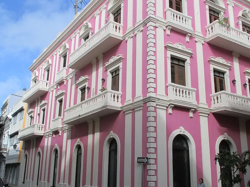 Pink and white striped building in San Juan, Puerto Rico