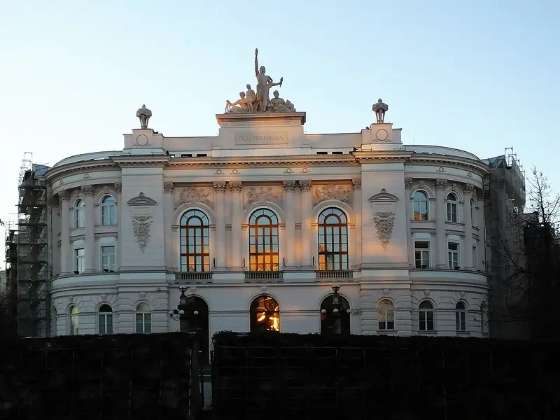 Pink and white facade of the Warsaw Polytechnic building